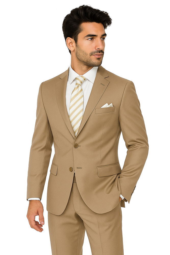 Mens 2 Button Classic Fit Pleated Pant Suit in Khaki