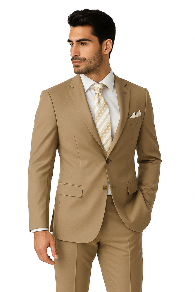 Mens 2 Button Classic Fit Pleated Pant Suit in Khaki