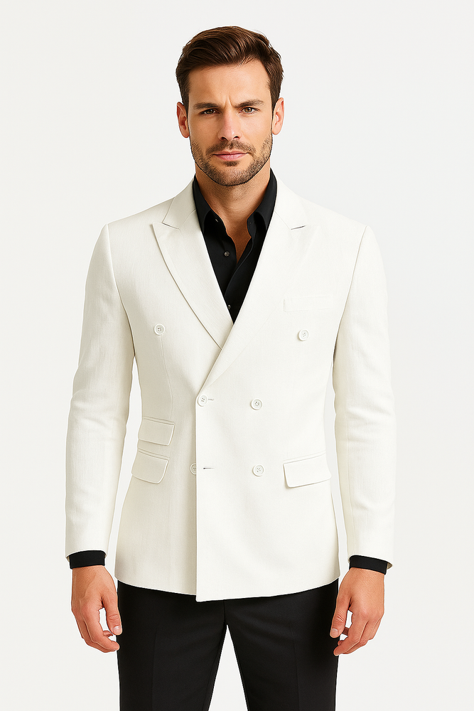 Mens Double Breasted Suits Jacket Solid White Linen Dress Casual Jacket Blazer