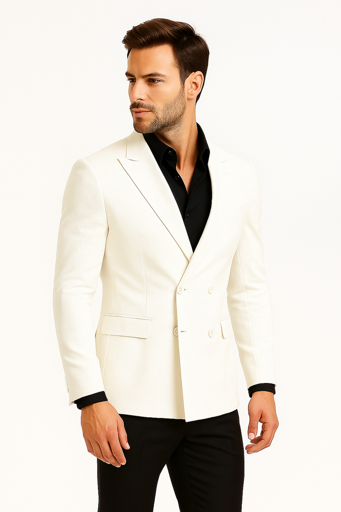 Mens Double Breasted Suits Jacket Solid White Linen Dress Casual Jacket Blazer