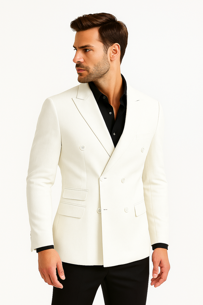 Mens Double Breasted Suits Jacket Solid White Linen Dress Casual Jacket Blazer