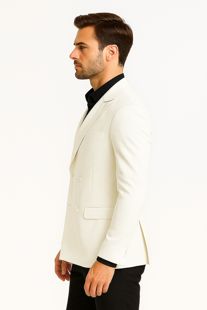 Mens Double Breasted Suits Jacket Solid White Linen Dress Casual Jacket Blazer