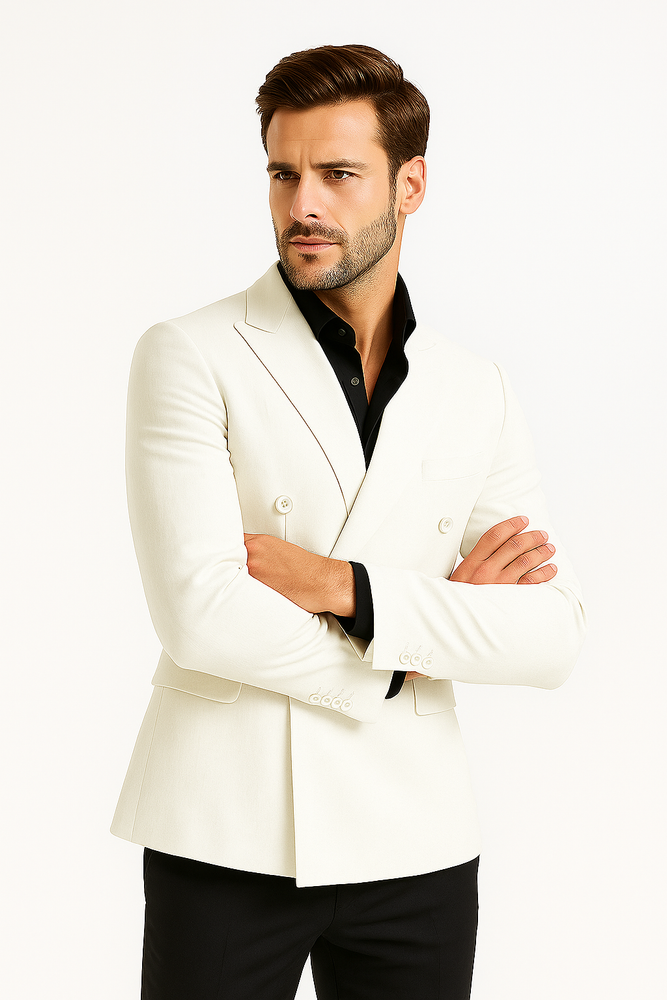 Mens Double Breasted Suits Jacket Solid White Linen Dress Casual Jacket Blazer