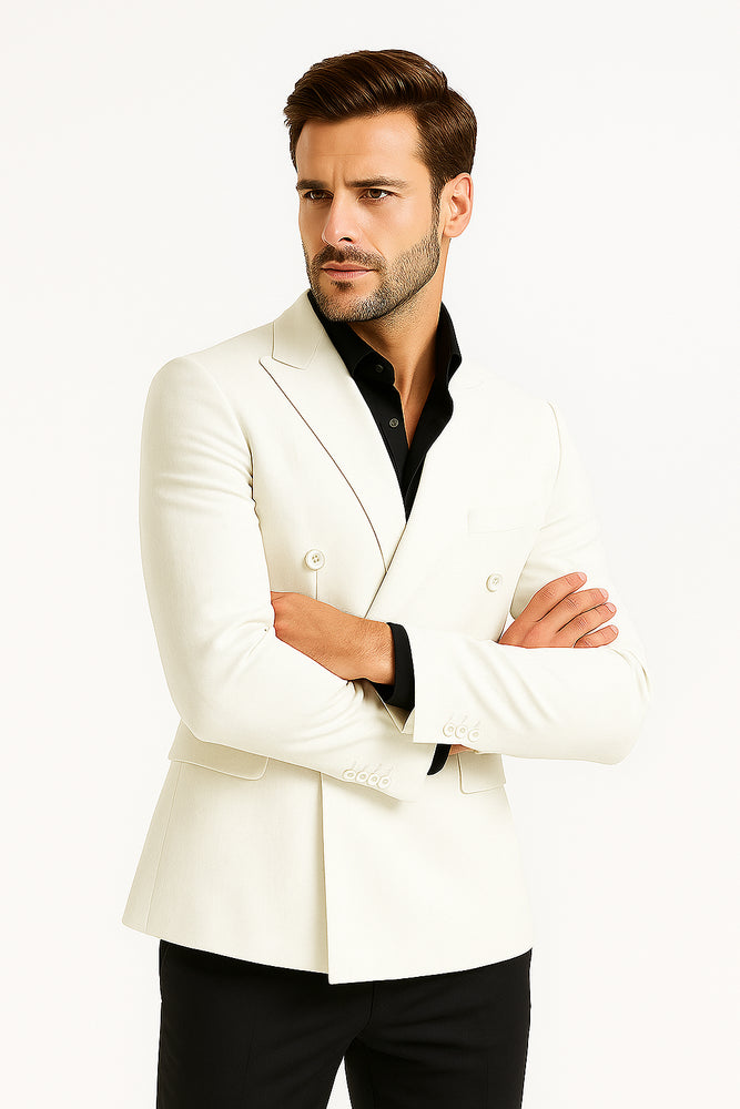 Mens Double Breasted Suits Jacket Solid White Linen Dress Casual Jacket Blazer