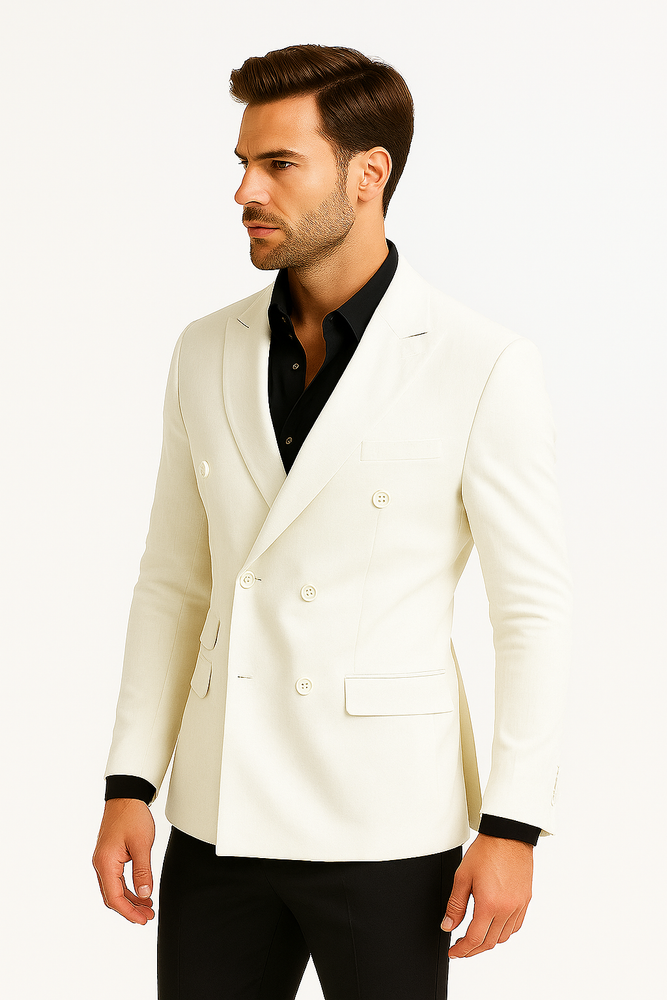 Mens Double Breasted Suits Jacket Solid White Linen Dress Casual Jacket Blazer