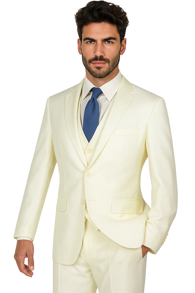 Mens Vested Slim Fit Wool Feel Suit in Ivory