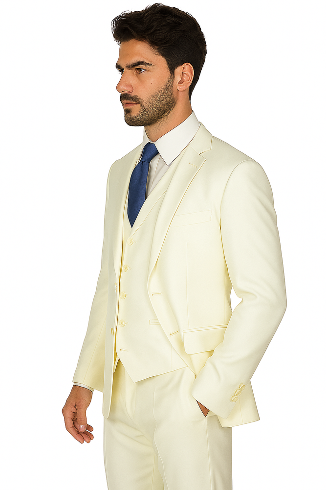 Mens Vested Slim Fit Wool Feel Suit in Ivory