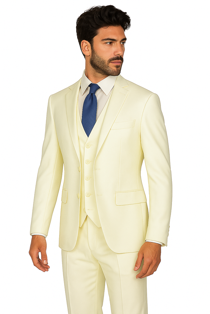 Mens Vested Slim Fit Wool Feel Suit in Ivory
