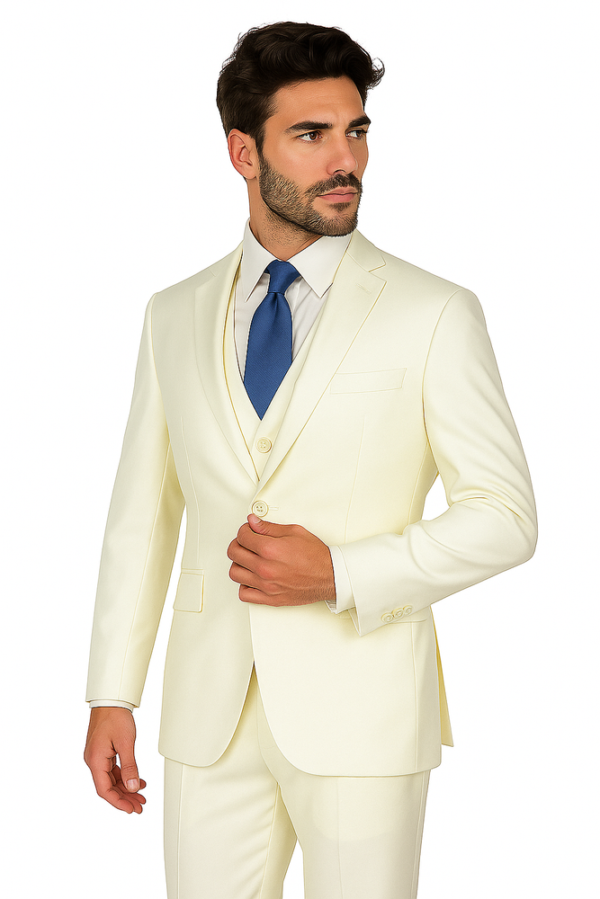 Mens Vested Slim Fit Wool Feel Suit in Ivory
