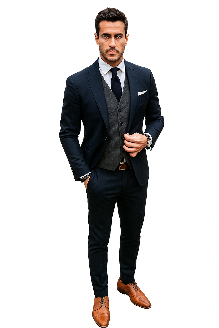 Navy Blue Wool Suit With Grey Vest Slim Fit or Modern Fit