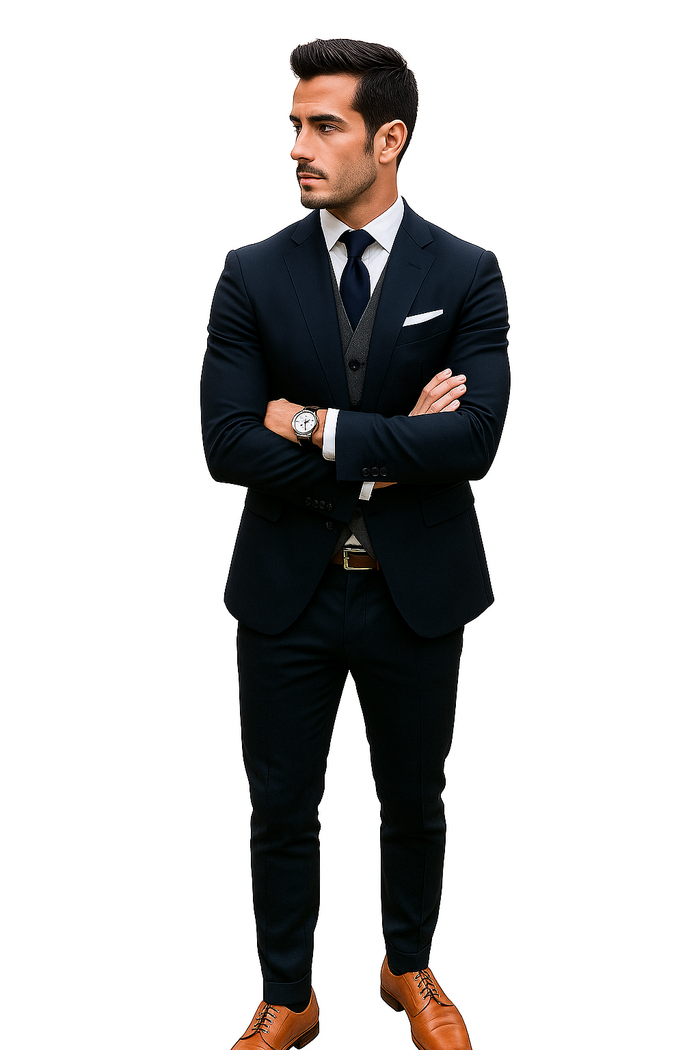 Navy Blue Wool Suit With Grey Vest Slim Fit or Modern Fit