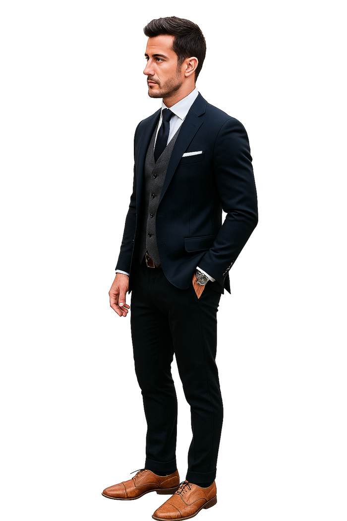 Navy Blue Wool Suit With Grey Vest Slim Fit or Modern Fit