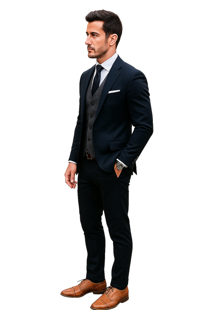 Navy Blue Wool Suit With Grey Vest Slim Fit or Modern Fit