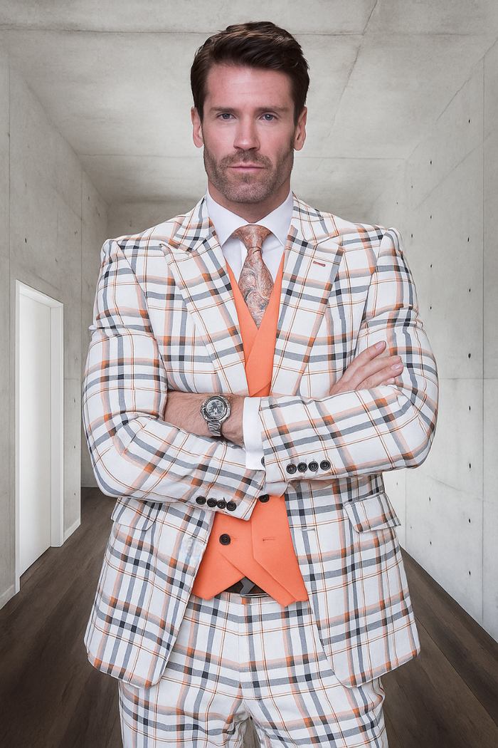 White and Orange Plaid Suit - Wool Suit - Peach Suit - Vested Suit