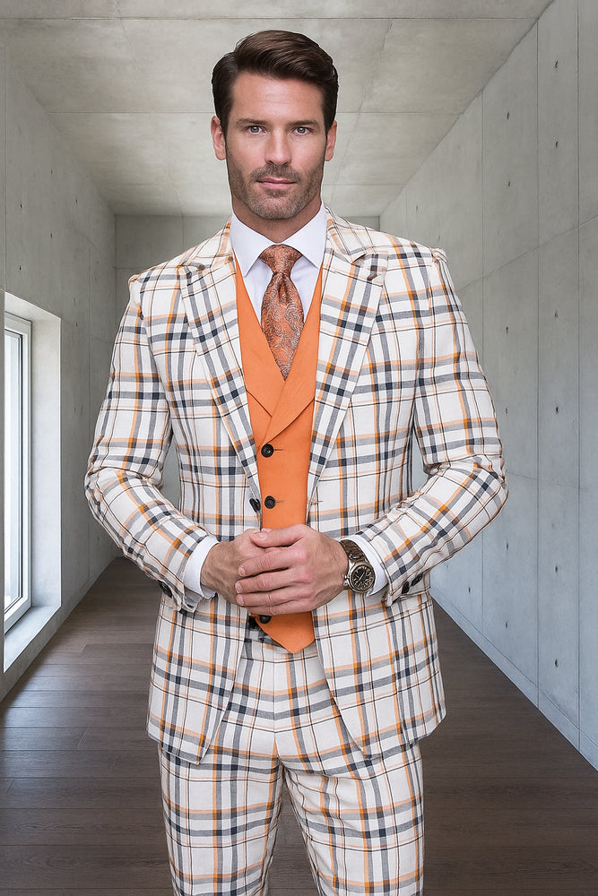 White and Orange Plaid Suit - Wool Suit - Peach Suit - Vested Suit