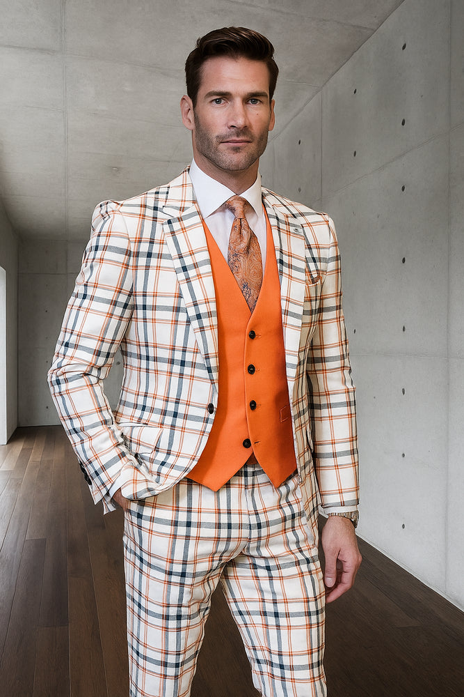 White and Orange Plaid Suit - Wool Suit - Peach Suit - Vested Suit