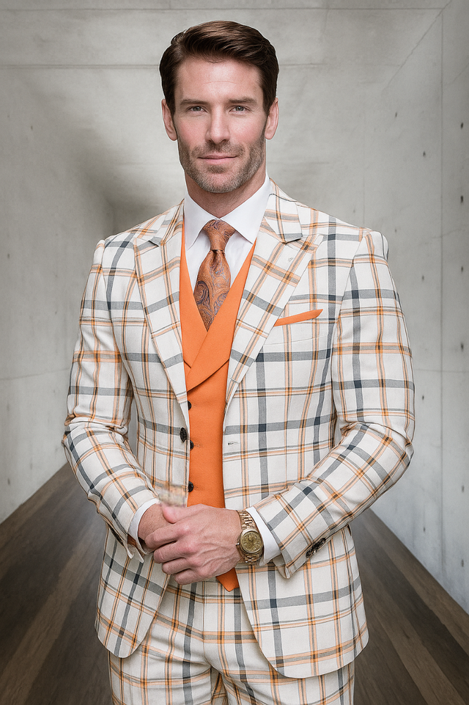 White and Orange Plaid Suit - Wool Suit - Peach Suit - Vested Suit