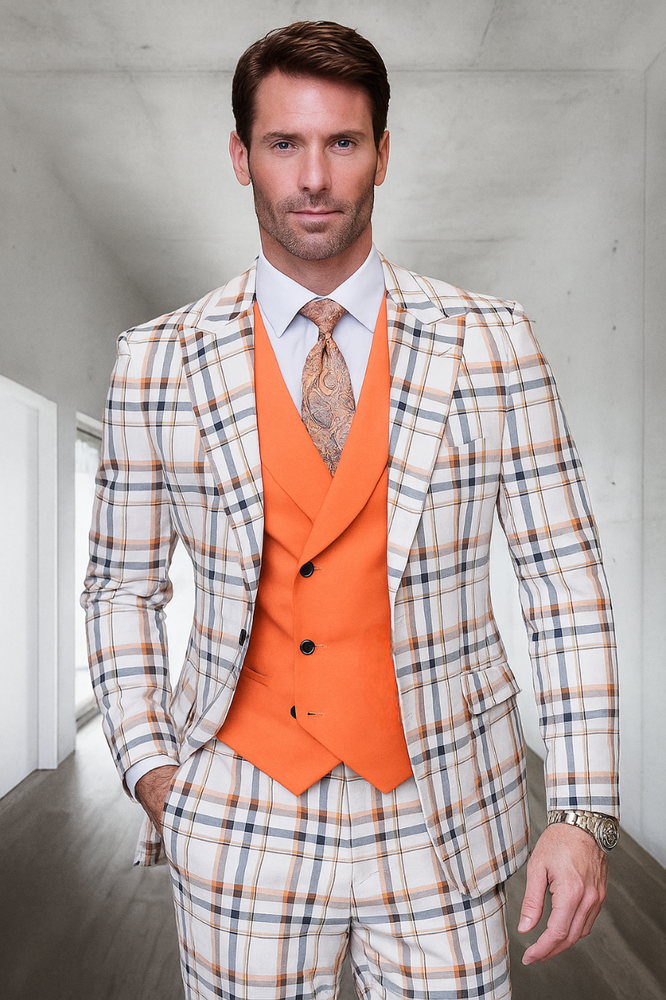 White and Orange Plaid Suit - Wool Suit - Peach Suit - Vested Suit