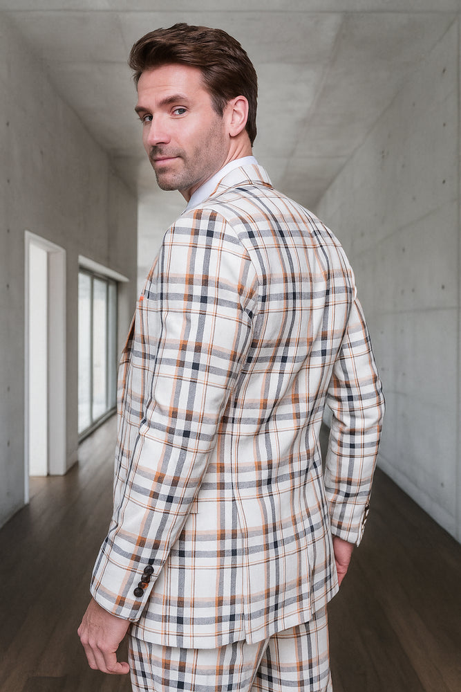 White and Orange Plaid Suit - Wool Suit - Peach Suit - Vested Suit
