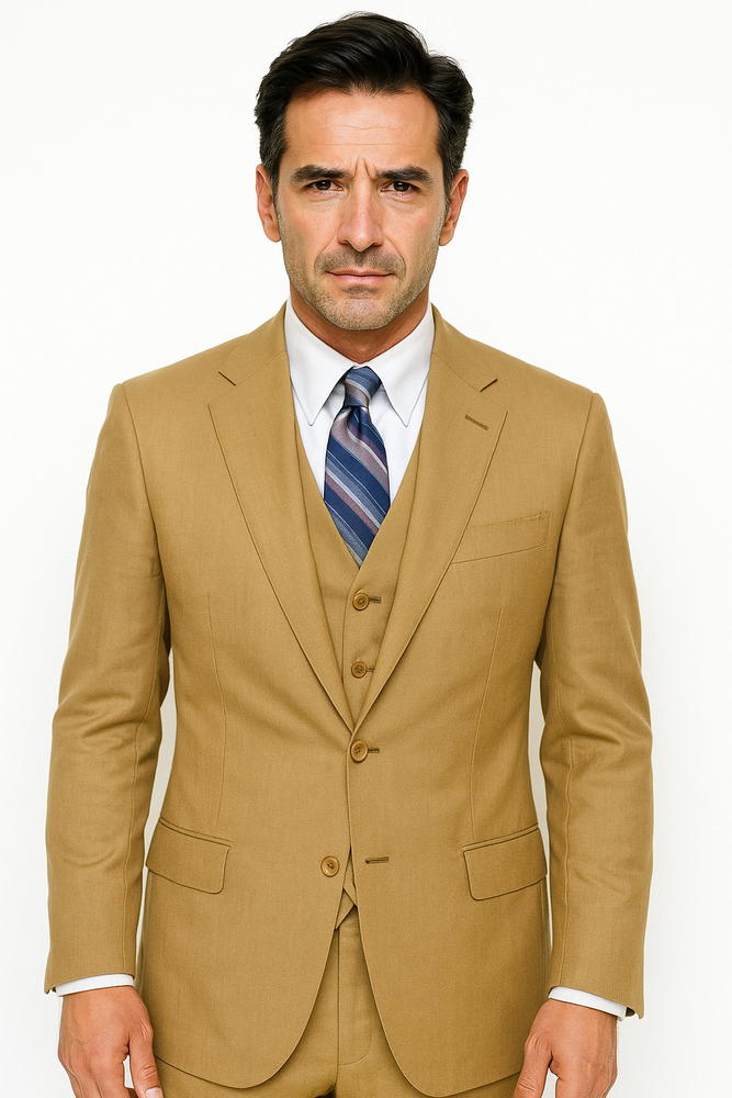 Men's 2 Button Wool Vested Khaki~British Khaki~Bronze ~ Camel Suit with Pleated Trousers