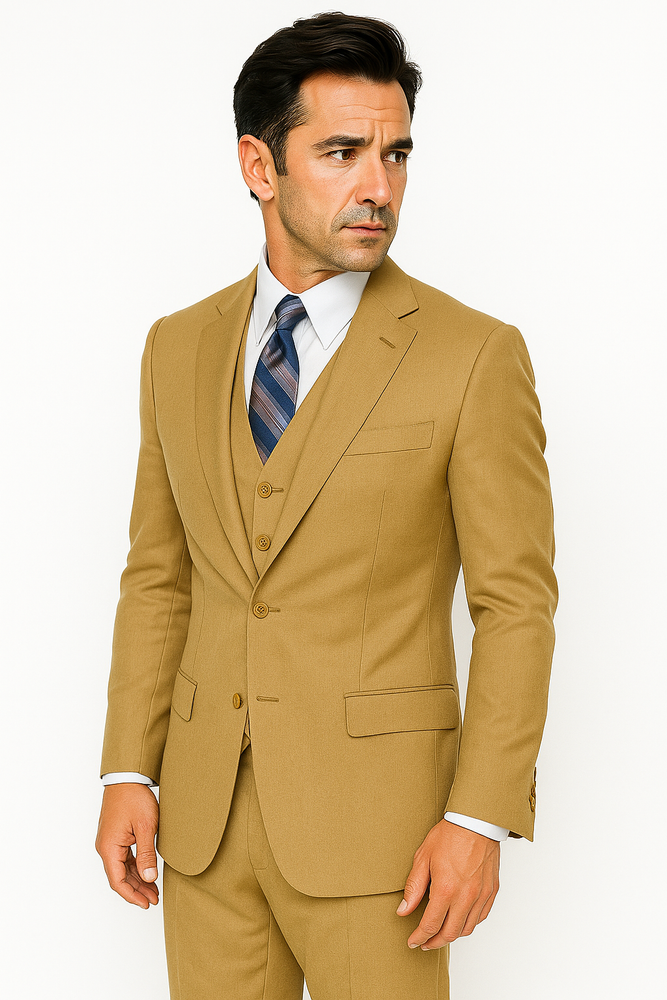 Men's 2 Button Wool Vested Khaki~British Khaki~Bronze ~ Camel Suit with Pleated Trousers