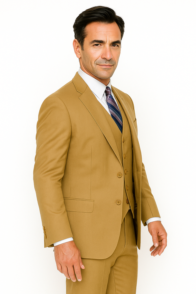 Men's 2 Button Wool Vested Khaki~British Khaki~Bronze ~ Camel Suit with Pleated Trousers