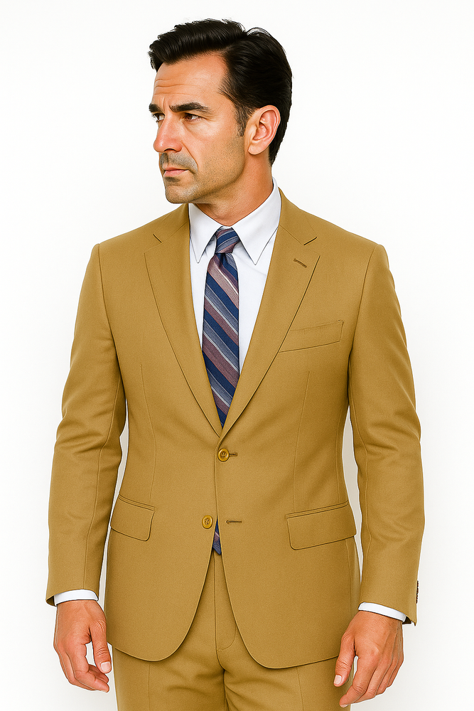 Men's 2 Button Wool Vested Khaki~British Khaki~Bronze ~ Camel Suit with Pleated Trousers