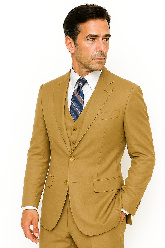 Men's 2 Button Wool Vested Khaki~British Khaki~Bronze ~ Camel Suit with Pleated Trousers