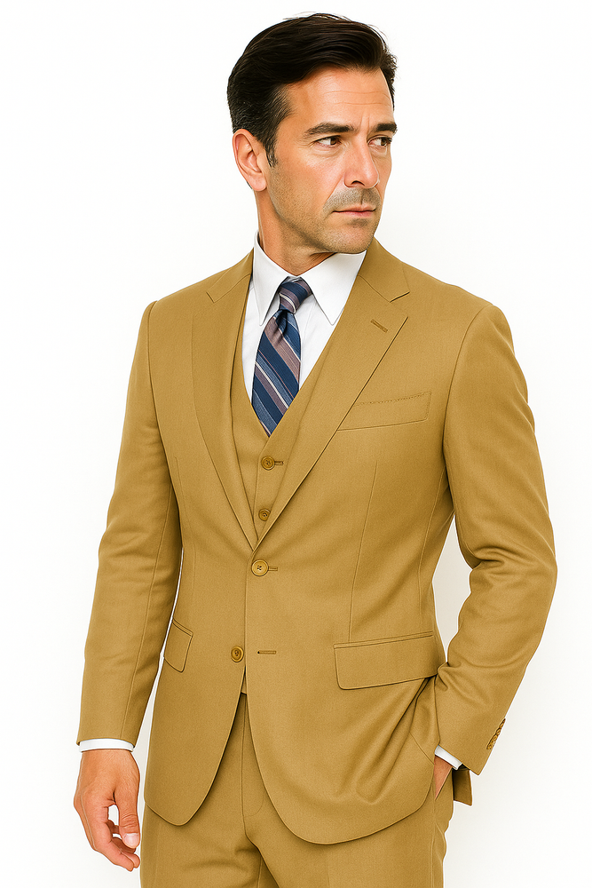 Men's 2 Button Wool Vested Khaki~British Khaki~Bronze ~ Camel Suit with Pleated Trousers