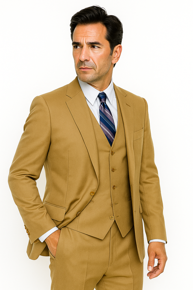 Men's 2 Button Wool Vested Khaki~British Khaki~Bronze ~ Camel Suit with Pleated Trousers
