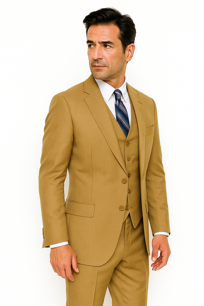 Men's 2 Button Wool Vested Khaki~British Khaki~Bronze ~ Camel Suit with Pleated Trousers