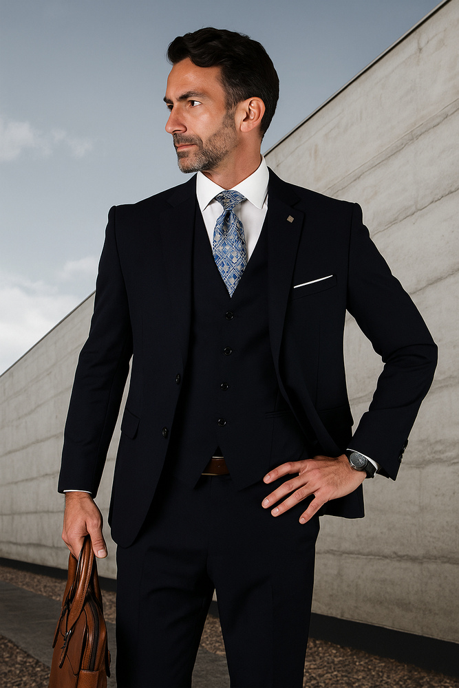Navy Wool Ticket Pocket Fabric Double Breasted Suit