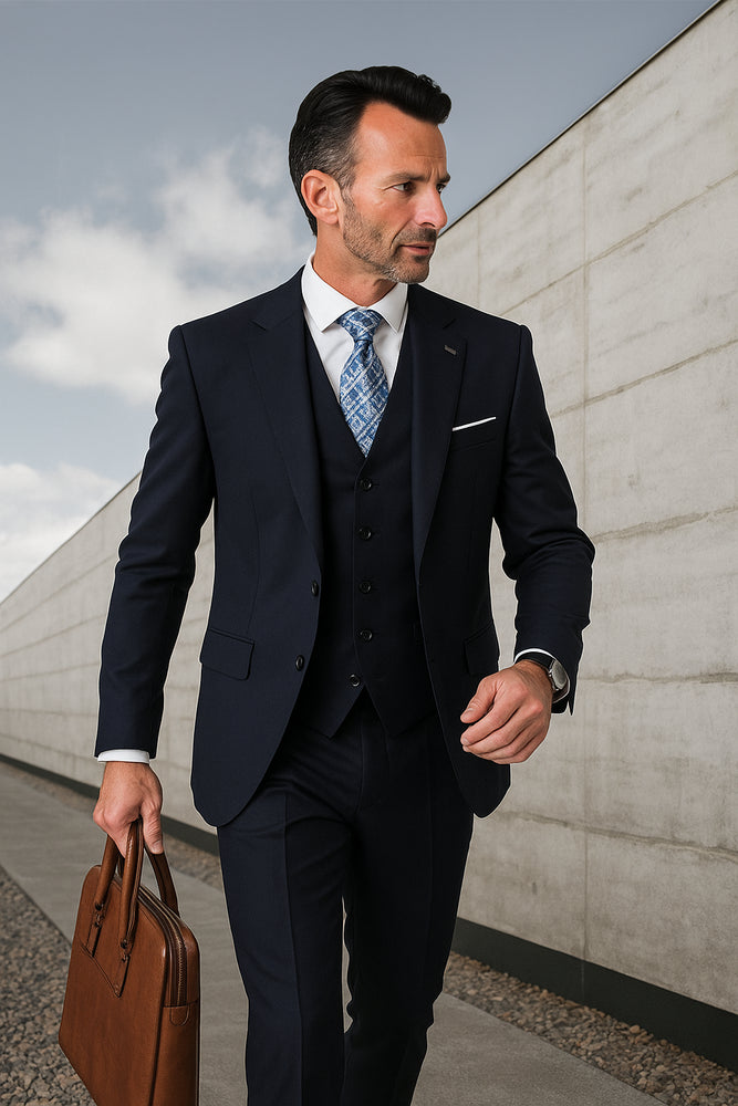 Navy Wool Ticket Pocket Fabric Double Breasted Suit