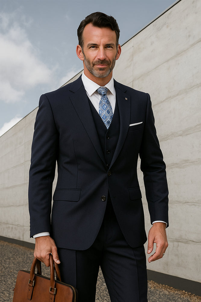 Navy Wool Ticket Pocket Fabric Double Breasted Suit