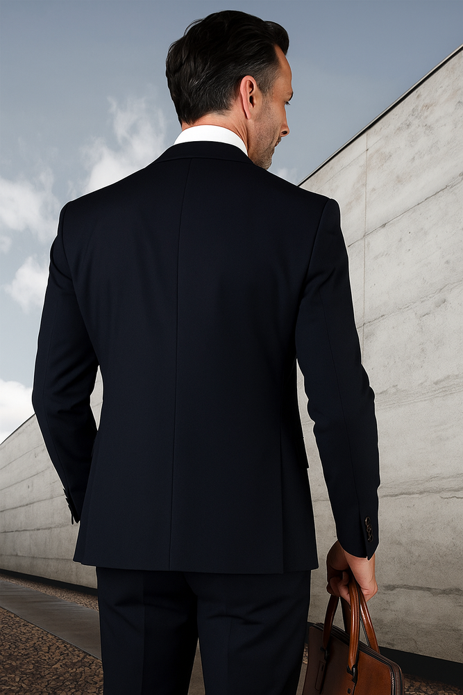 Navy Wool Ticket Pocket Fabric Double Breasted Suit