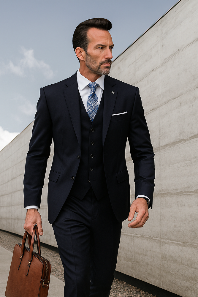 Navy Wool Ticket Pocket Fabric Double Breasted Suit