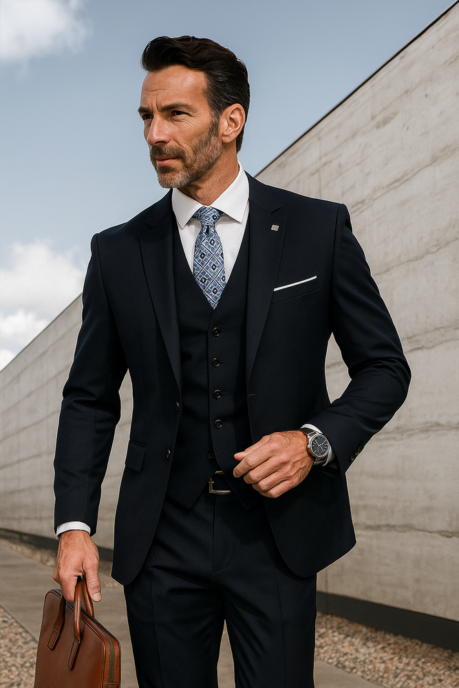 Navy Wool Ticket Pocket Fabric Double Breasted Suit