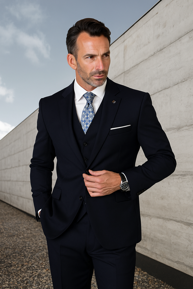 Navy Wool Ticket Pocket Fabric Double Breasted Suit