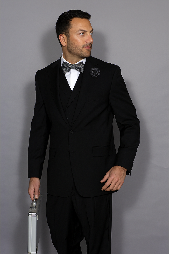 Statement Confidence Men's Wool 3 Piece Solid Black Double Breasted Vest Suit