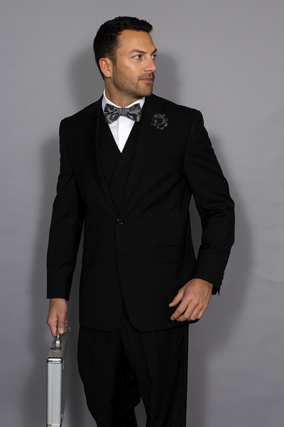Statement Confidence Men's Wool 3 Piece Solid Black Double Breasted Vest Suit