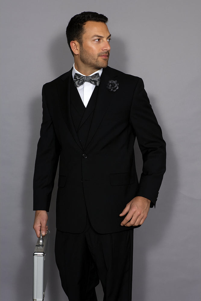 Statement Confidence Men's Wool 3 Piece Solid Black Double Breasted Vest Suit