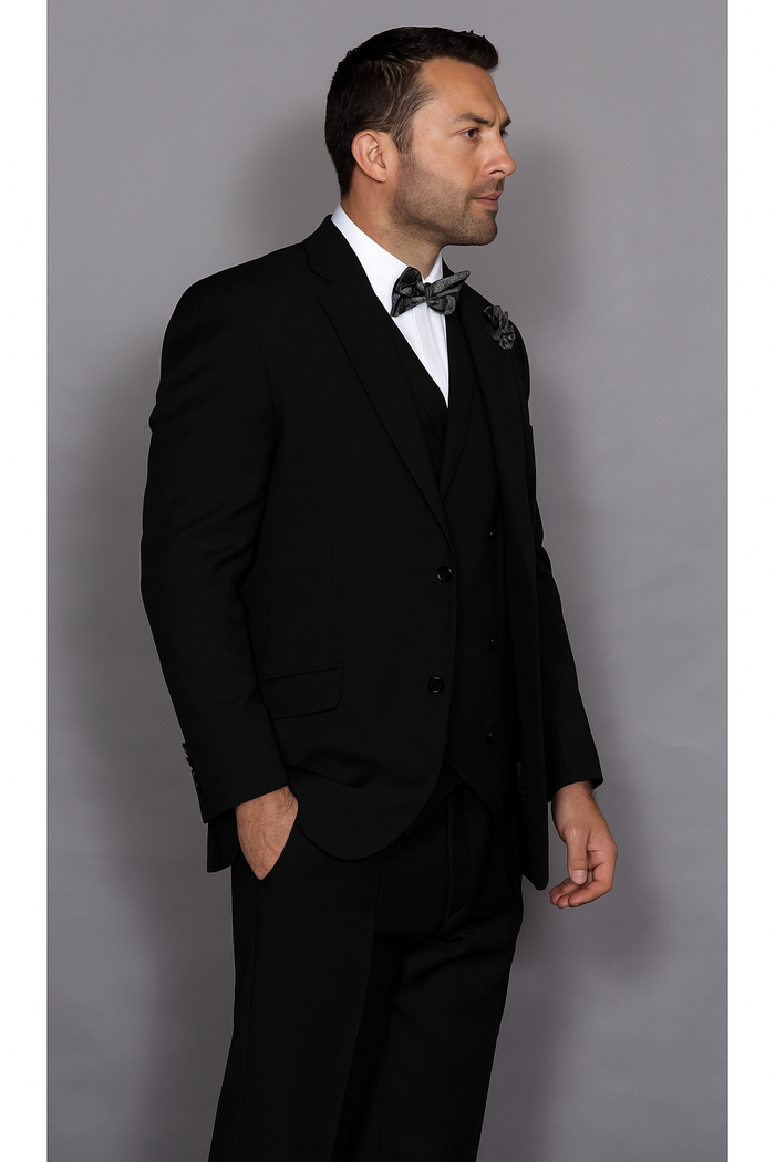 Statement Confidence Men's Wool 3 Piece Solid Black Double Breasted Vest Suit