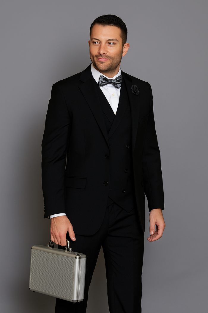 Statement Confidence Men's Wool 3 Piece Solid Black Double Breasted Vest Suit