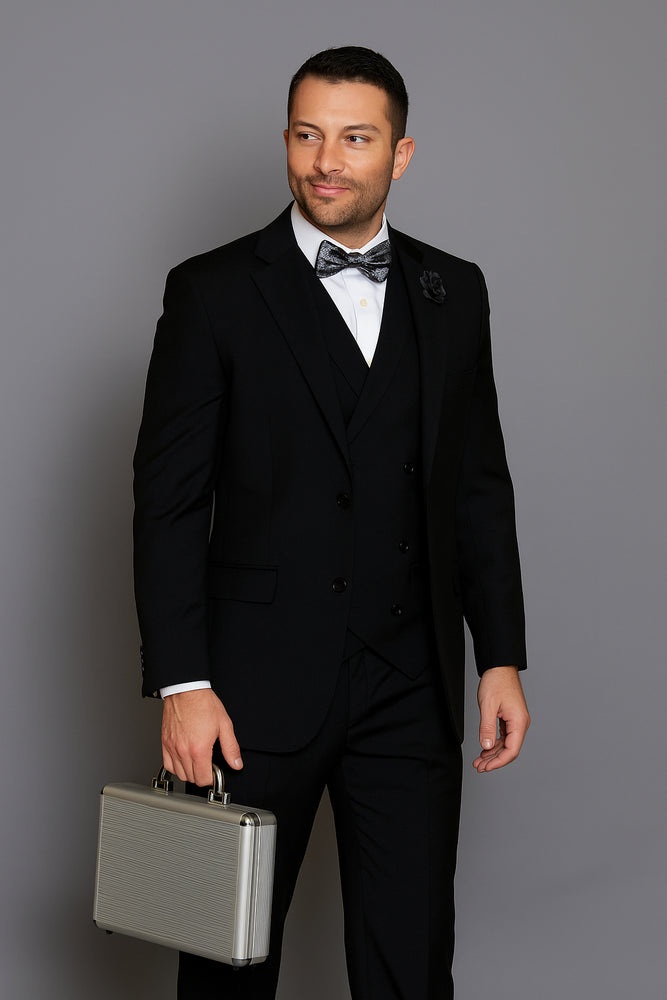 Statement Confidence Men's Wool 3 Piece Solid Black Double Breasted Vest Suit