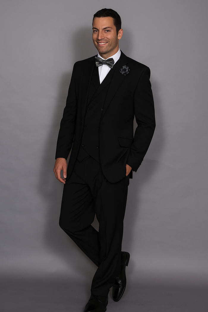 Statement Confidence Men's Wool 3 Piece Solid Black Double Breasted Vest Suit