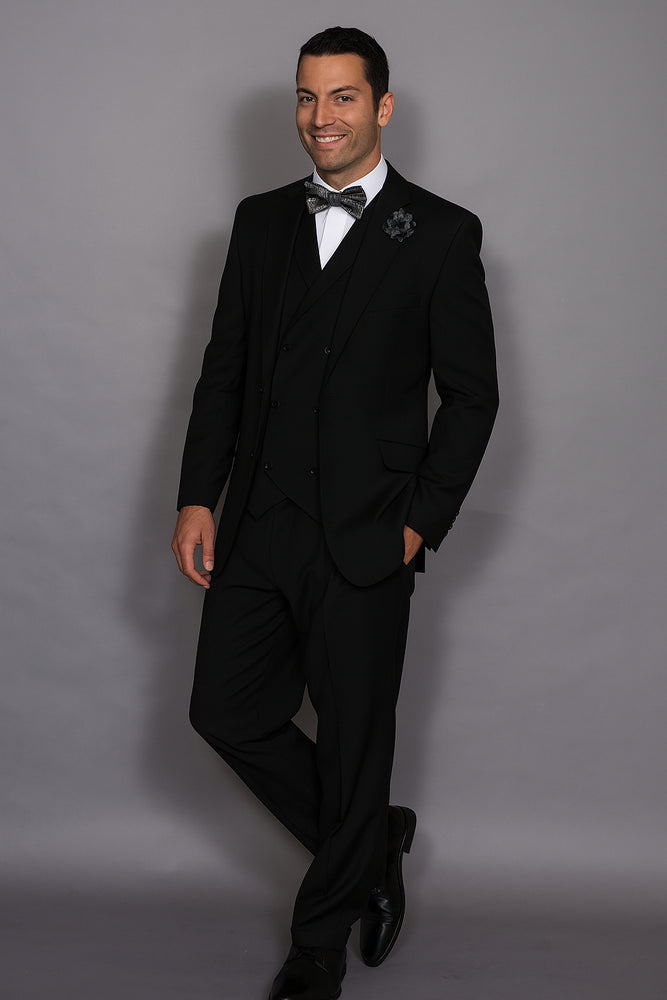 Statement Confidence Men's Wool 3 Piece Solid Black Double Breasted Vest Suit
