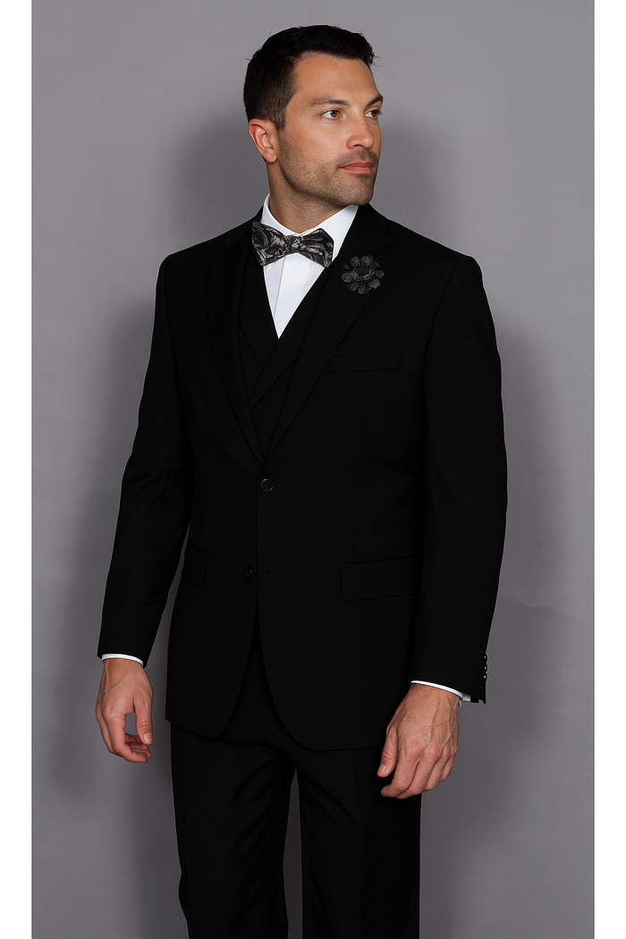 Statement Confidence Men's Wool 3 Piece Solid Black Double Breasted Vest Suit