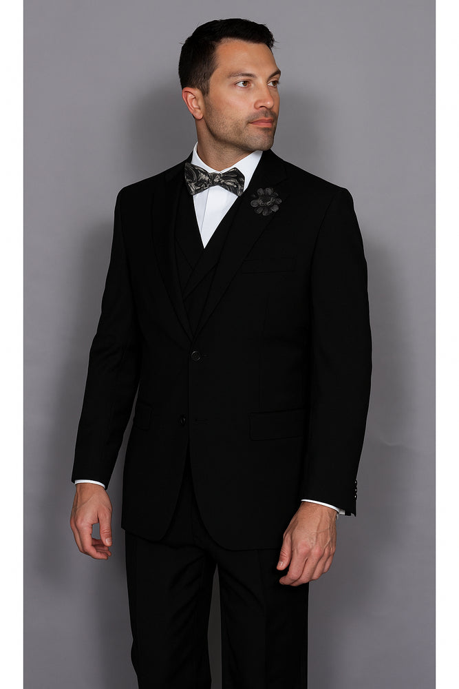 Statement Confidence Men's Wool 3 Piece Solid Black Double Breasted Vest Suit