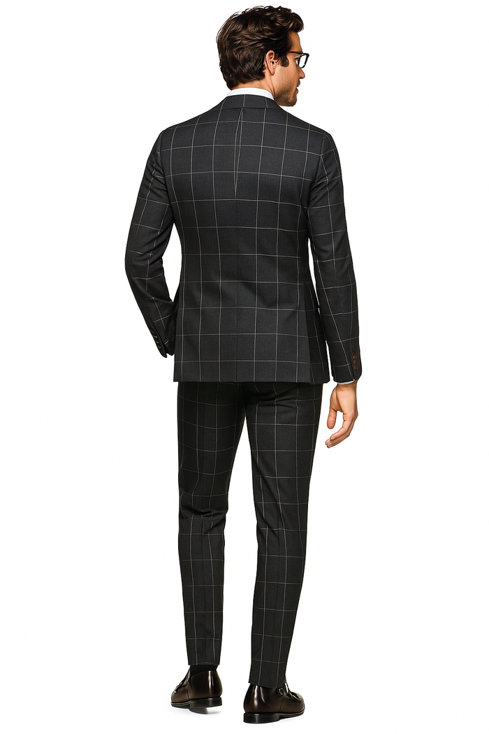 Men's Grey 2 Button Windowpane checkered check pattern Slim Fit Pure Wool Suit