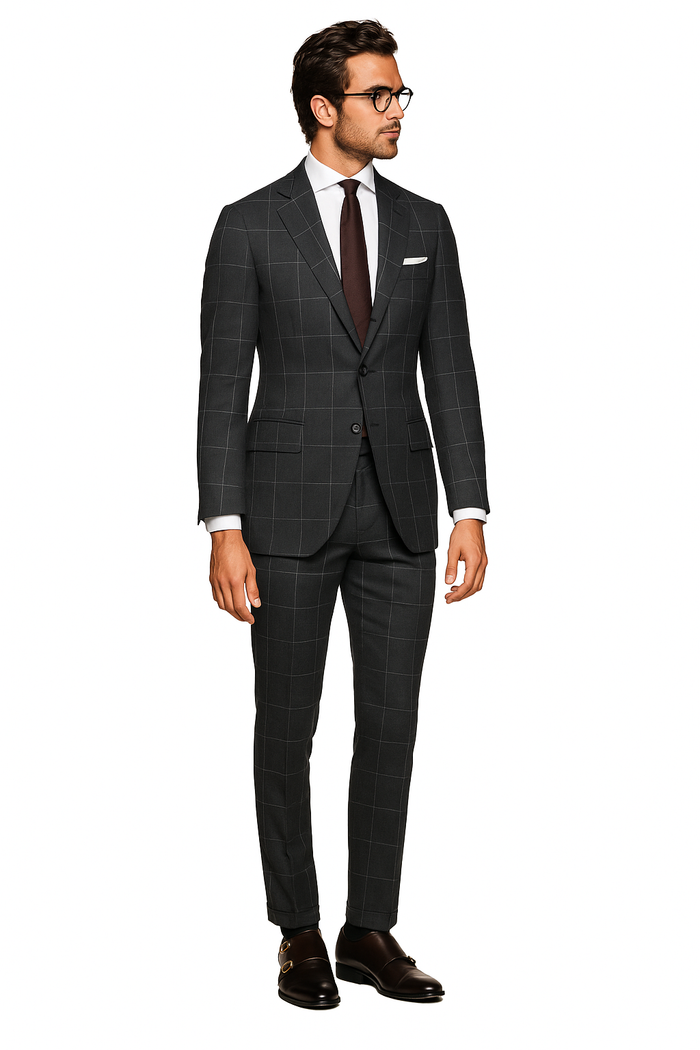 Men's Grey 2 Button Windowpane checkered check pattern Slim Fit Pure Wool Suit